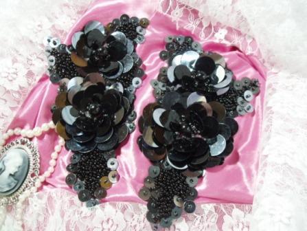 K8894   Gunmetal Floral Mirror Pair Sequin Beaded Appliques 7.5"