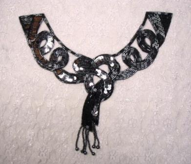 K8914  Gunmetal Dangle Collar Sequin Beaded Applique 9"