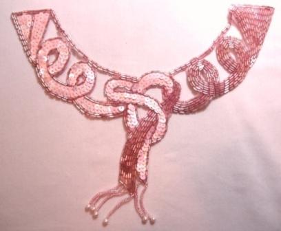 K8914  Rose Pink Dangle Collar Sequin Beaded Applique 9"