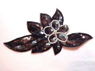 K8924 Gunmetal Black Pearl Floral Sequin Beaded Applique 8.25"