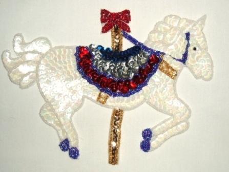 K9032  White Carousel Horse Sequin Beaded Applique 7"