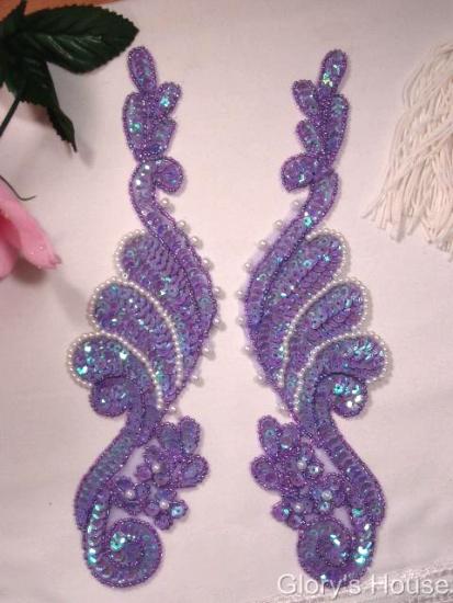RM0016  REDUCED Lavender AB Mirror Pair 8" Sequin Beaded Appliques