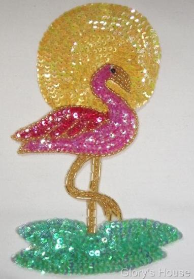Pink Flamingo in Sun 7" Sequin Beaded Applique 0044
