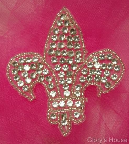 Fleur de Leis 3" Rhinestone Beaded Applique 0090-sequin,beaded,applique,sequined,beads,sequins,appliques,fleur,de,leis