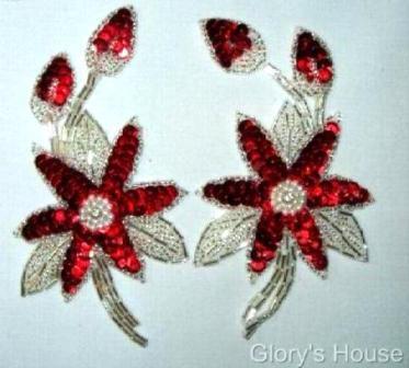 K8109 Red Silver Mirror Pair Sequin Beaded Appliques 5.5"