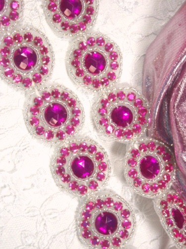 0379  Fuchsia Silver Round Rhinestone Beaded Appliques or Trim 1.25"