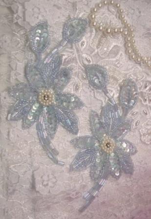 K8109  Blue Crystal Mirror Pair Sequin Beaded Appliques 5.5"