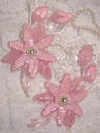 K8109  Pink AB Opaque Mirror Pair Sequin Beaded Appliques 5.5"