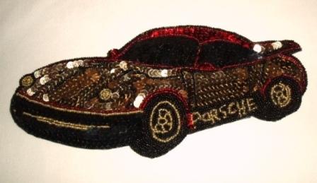 K9256  Porsche Car Sequin Beaded Applique 9.5"-embellishment,sewing,clothing,sequin,beaded,bead,sequins,applique,porsche,car,black,red,silver,gold