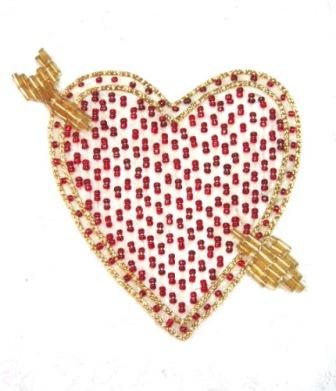 k9293 Red Gold Heart Beaded Applique 3.25"-heart,red,embellishment,sewing,sequin,beaded,bead,applique 