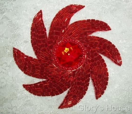 Eye of Storm Red  5" Sequin Beaded Applique 0082-sequin,beaded,applique,sequined,beads,sequins,appliques,red,swirl