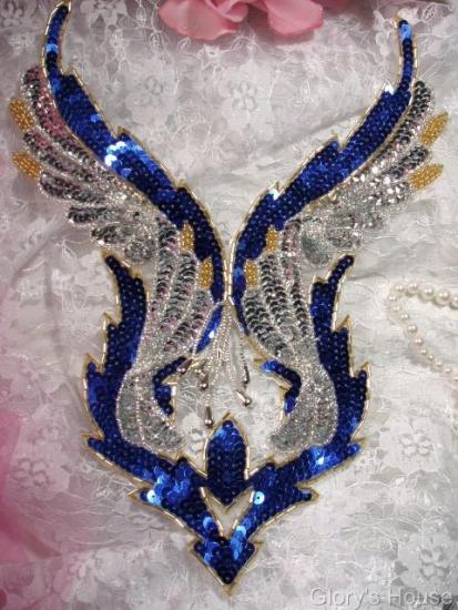 Blue Silver Bodice 11" Sequin Beaded Applique  0061