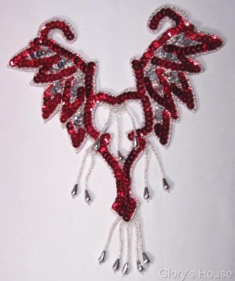 Red & Silver Yoke Bodice 8.5" Sequin Beaded Applique 0108