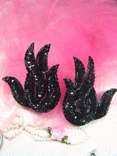 A0202 Black Flame Mirror Pair Beaded Sequin Appliques 4.5"