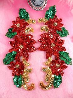 A0313A  Christmas Poinsettia Beaded Sequin Mirror Pair Appliques