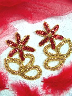 A0416A Gold Red Floral Mirror Pair Beaded Sequin Appliques 4"