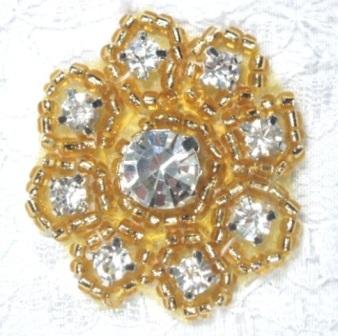A0429A  Gold Beaded Rhinestone Floral Applique 1-3/8"-applique,beaded,pearl,rhinestone,round,silver,gold