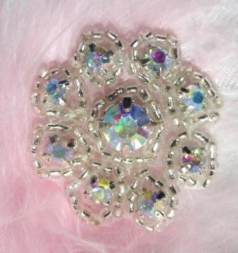 A0429A  Crystal AB Rhinestone Floral Silver Beaded Applique 1-3/8"-applique,beaded,pearl,rhinestone,round,silver