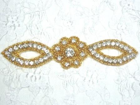 A0429C  Gold Rhinestone Beaded Floral Applique-genuine,rhine,rhinestone,stone,floral,flower,trim