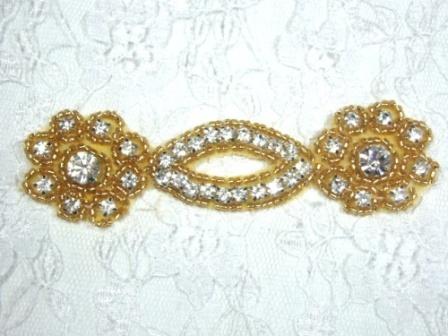 A0429D Gold Clear Rhinestone Beaded Floral Applique 4.25"-genuine,rhine,rhinestone,stone,floral,flower,trim