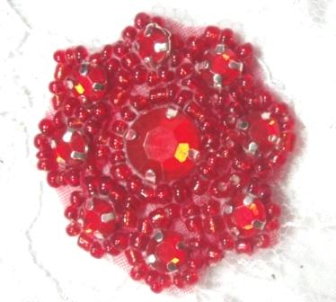 A0474  Red Rhinestone Jewel Floral Applique 1.25"-applique,red,brown,rhinestone,beaded,floral,flower,trim