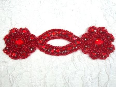 A0474D   Red Jewel Rhinestone Beaded Floral Applique 4.25"-genuine,rhine,rhinestone,stone,floral,flower,trim