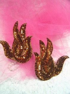 A0202 Bronze Flame Mirror Pair Beaded Sequin Appliques 4.5"