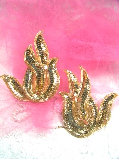 A0202 Gold Flame Mirror Pair Beaded Sequin Appliques 4.5"