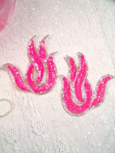 A0202 Hot Pink Silver Flame Mirror Pair Beaded Sequin Appliques 4.5"