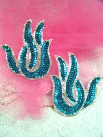 A0202 Turquoise Silver Flame Mirror Pair Beaded Sequin Appliques 4.5"