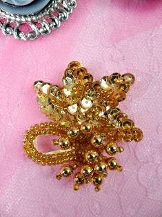 AT8634S Gold Dangle Beaded Sequin Applique 2"