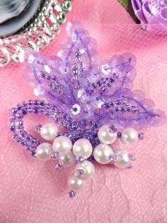 AT8634 Lavender Pearl Dangle Beaded Sequin Applique 2"