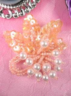 AT8634 Peach Pearl Dangle Beaded Sequin Applique 2"