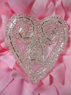 AXR103A  Heart Silver Beaded Applique 2.5"