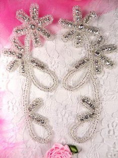 AXR66D Crystal Clear Silver Beaded Rhinestone Appliques Mirror Pair Floral 5.5"