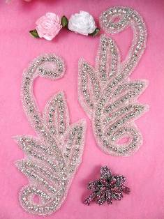 AXR91 Swan Beaded Mirror Pair Crystal Rhinestone Appliques 5.75"
