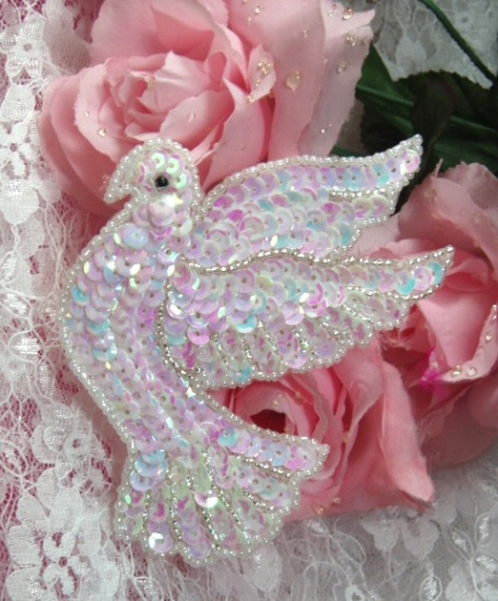 White Dove  4" Sequin Beaded Applique 0101-sequin,beaded,applique,sequined,beads,sequins,appliques,white,dove,bird