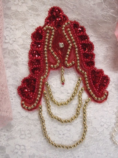 Red Victorian Epaulet 7" Sequin Beaded Applique 0080