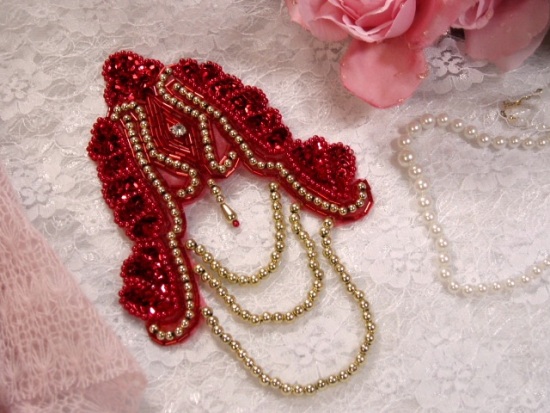 Red Victorian Epaulet 7" Sequin Beaded Applique 0080