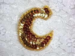 0274A  Letter ( C ) Sequin Beaded Applique 2.25"-letter,alphabet,gold,sequin,beaded,applique,trimmings,embellishment,orange,rhinestone,oval,motif 