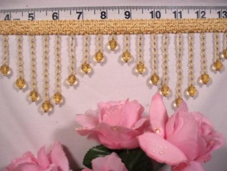 C041  Gold Crystal Beaded Fringe Sewing Trim 3.75"-embellishment,sequin,beaded,beads,applique,trim,motif,gold,crystal,fringe