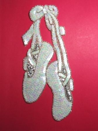 K8890 White Silver Ballerina Slippers Sequin Beaded Applique  9.5"