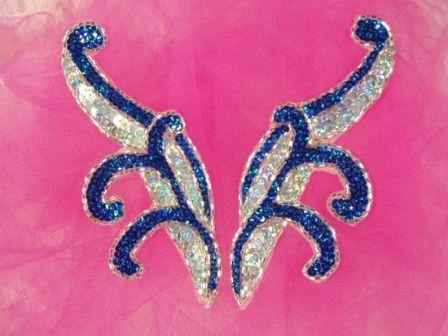 0097  Royal Blue & Silver Mirror Pair Sequin Beaded Appliques 5.5"-royal,blue,sequin,beaded,applique,sequined,beads,sequins,appliques,mirror,pair,left,right,motif,trimmings,embellishment