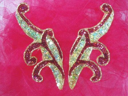 0097  Red & Gold Mirror Pair Sequin Beaded Appliques 5.5"-red,gold,sequin,beaded,applique,sequined,beads,sequins,appliques,mirror,pair,left,right,motif,trimmings,embellishment