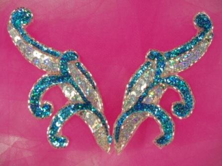 0097  Turquoise & Silver Mirror Pair Sequin Beaded Appliques 5.5"-turquoise,sequin,beaded,applique,sequined,beads,sequins,appliques,mirror,pair,left,right,motif,trimmings,embellishment