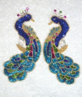 0167  Blue Peacock Mirror Pair Sequin Beaded Appliques-blue,sequin,beaded,applique,embellishment,peacock