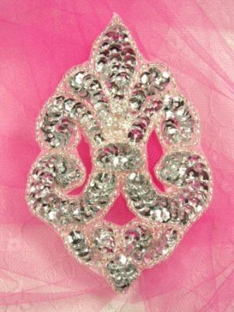 0168  Silver Designer Sequin Beaded Applique 4.5"-sequin,beaded,applique,trimmings,embellishment,silver