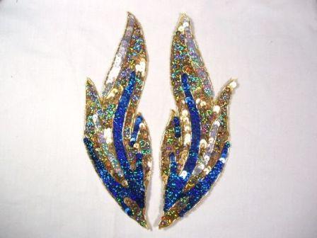 0173 Royal Blue Flames of Fire Mirror Pair  Sequin Beaded Appliques 9.5"- blue,sequin,beaded,applique,flames,fire,motif,embellishment,trimmings,beads,sequins,fire