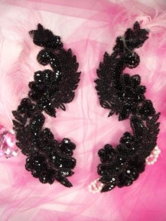 0180 Black  Mirror Pair Sequin Beaded Appliques 8"-sequin,beaded,applique,trimmings,embellishment,royal,mirror,pair,black