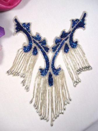 0181 Royal Blue Silver Collar Sequin Beaded Applique  8.5"